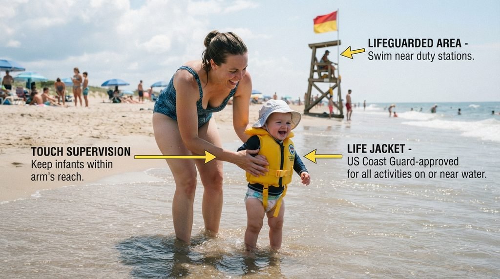 Parent using touch supervision at a lifeguarded beach where you can take a baby to the beach safely.