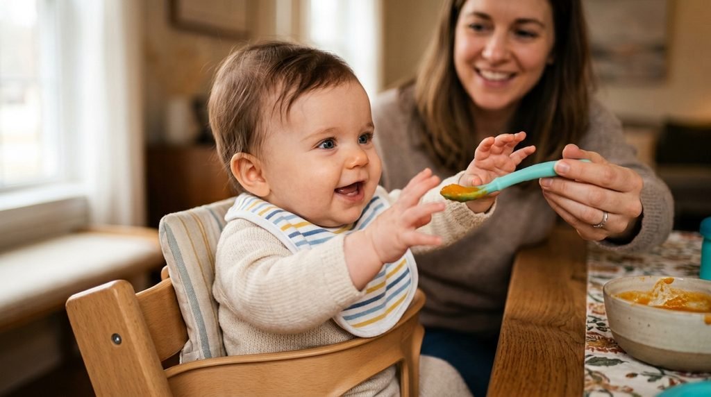 baby showing readiness signs for when do babies start using high chairs"