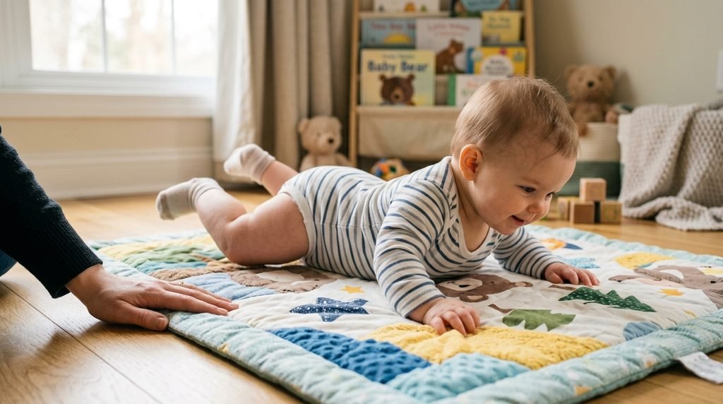 baby rolling over, a readiness sign for sleeping with stuffed animals