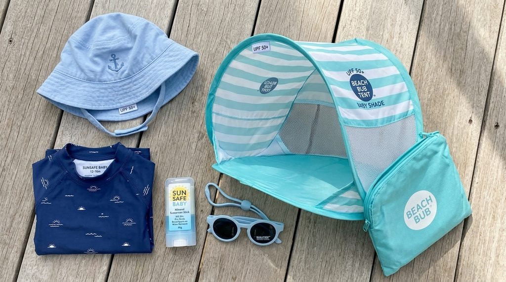 Sun protection gear to pack when you take a baby to the beach, including hat, UPF clothing and shade tent.