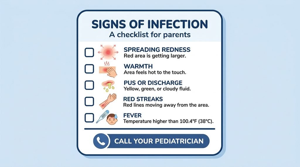 Checklist graphic showing signs of infection in a baby's scrape and when to call the pediatrician