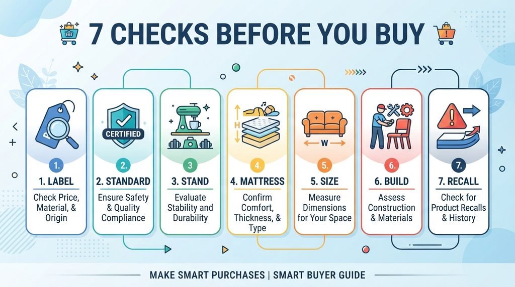 Seven-point buying checklist for a Moses basket for baby, from sleep-use label to recall check.