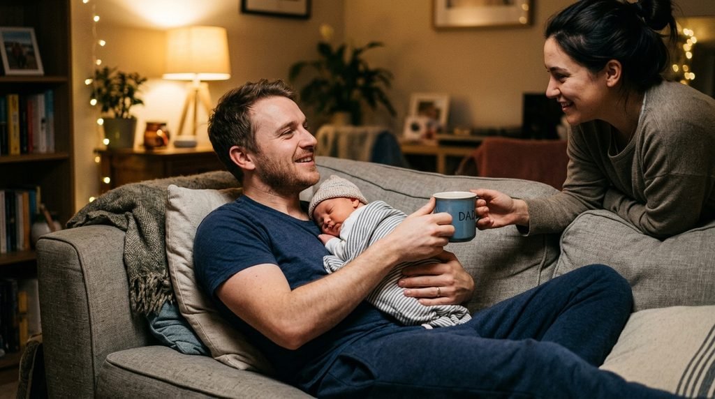 new dad holding newborn while a friend shares what to say to someone who just had a baby