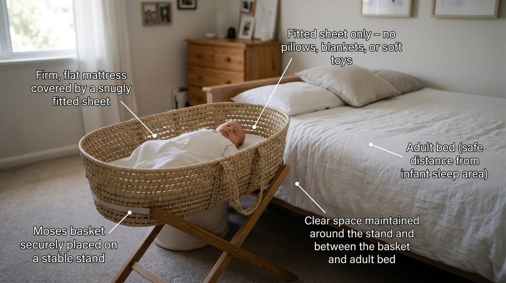 Correct setup of a Moses basket for baby beside a parent's bed with a bare firm mattress.
