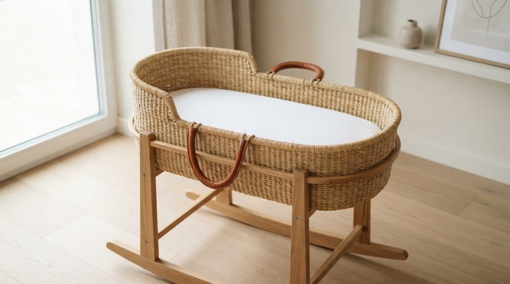 Woven Moses basket for baby on a matching stand with only a fitted sheet inside.