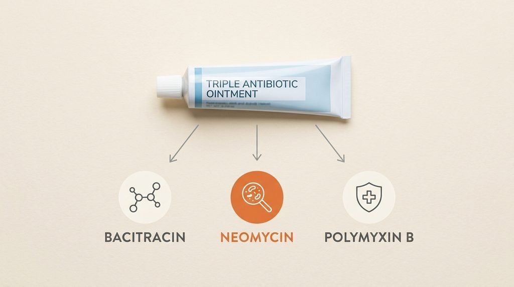 Diagram showing the three antibiotics in triple antibiotic ointment: bacitracin, neomycin and polymyxin B