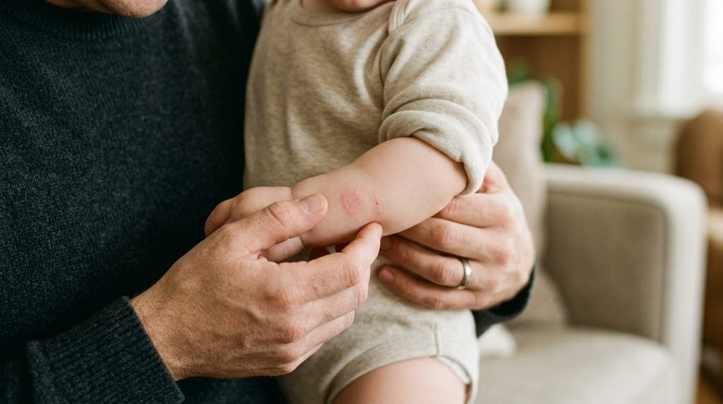 Parent gently checking a baby's forearm for redness after applying ointment