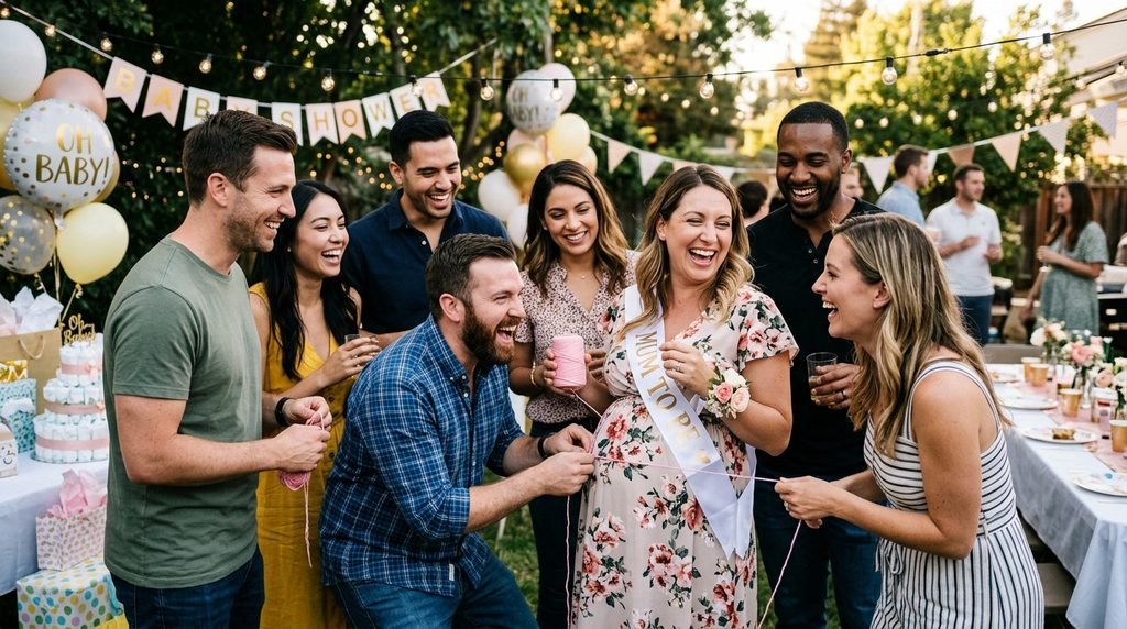 guests playing games at a Jack and Jill baby shower