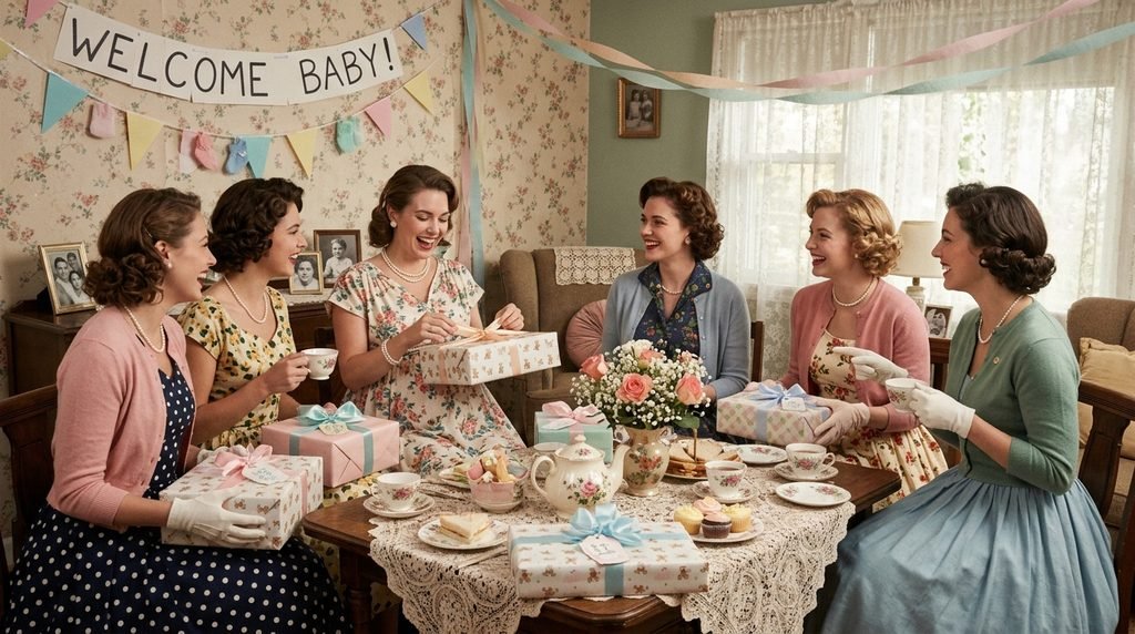 traditional women-only baby shower from the 1950s