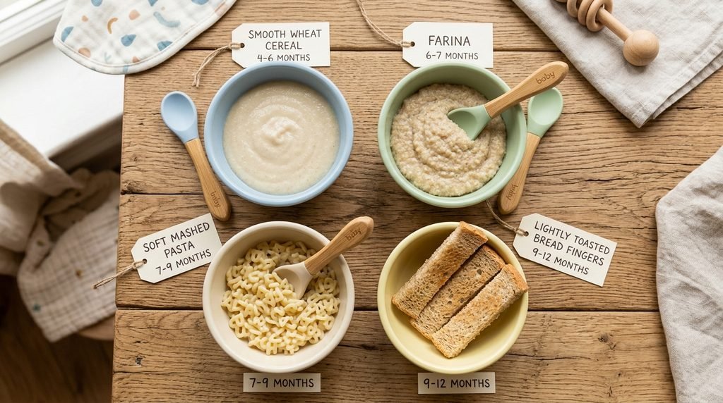 Bowls of first wheat foods showing how to introduce wheat to baby, from smooth cereal to soft pasta.