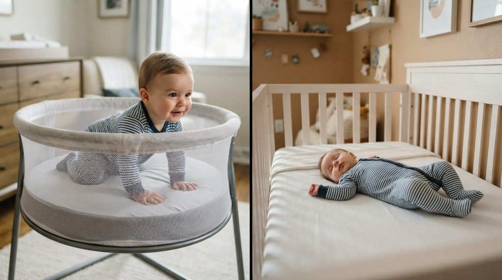Illustration showing how low bassinet walls compare to crib walls when a baby pushes up.