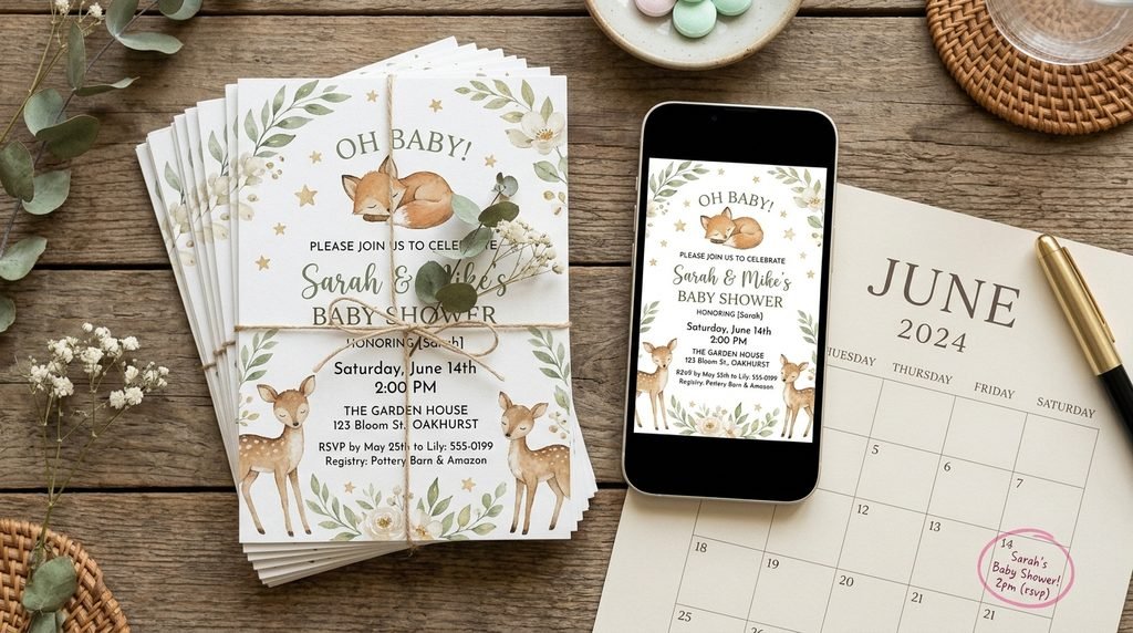 Printed and digital baby shower invitations side by side, showing two ways of handling when to send out baby shower invites.
