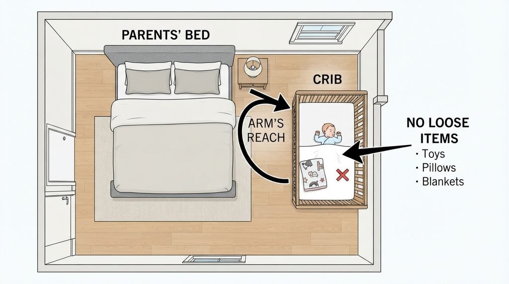 Bedroom layout showing a crib beside the parents' bed after the baby leaves the bassinet.