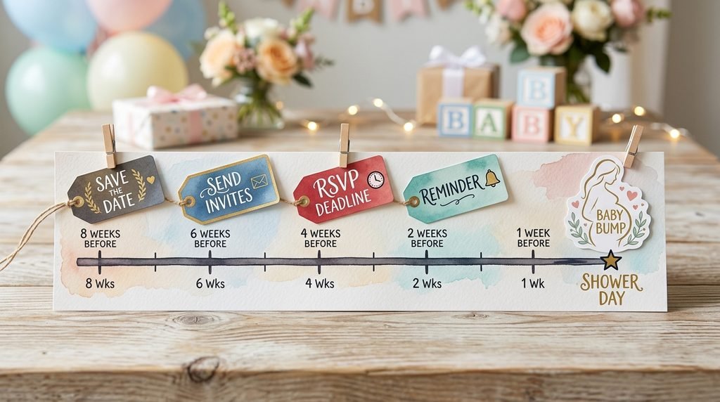 timeline showing when to send out baby shower invites, from save the date to the RSVP deadline.