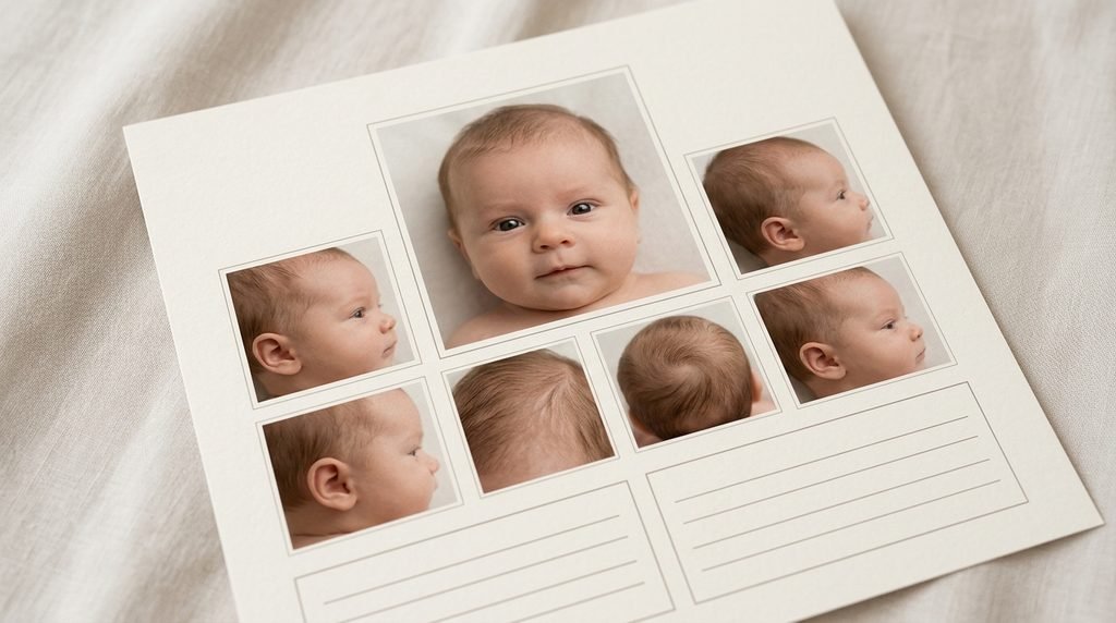 Photo-tracking guide for monthly hairline photos to help decide are baby hairs a sign of balding.