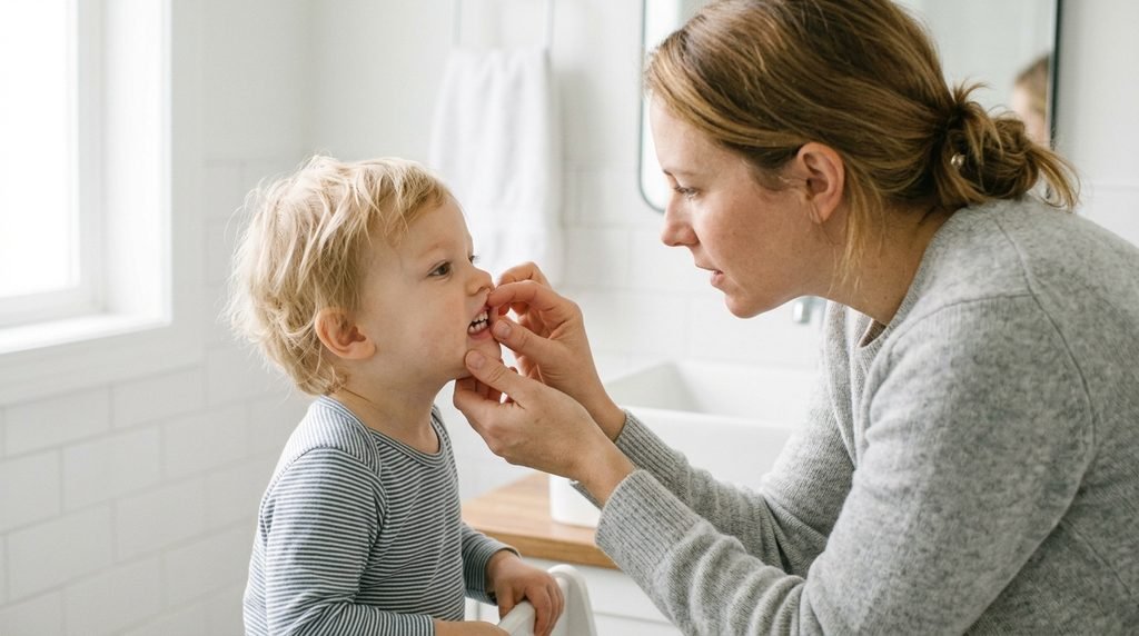 Parent checking a toddler's front teeth for white spots, a first step in how to treat cavities in baby teeth naturally.