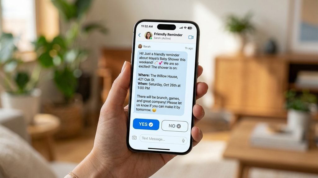 Phone showing a reminder message sent after the baby shower invitations, a step in when to send out baby shower invites and follow up.