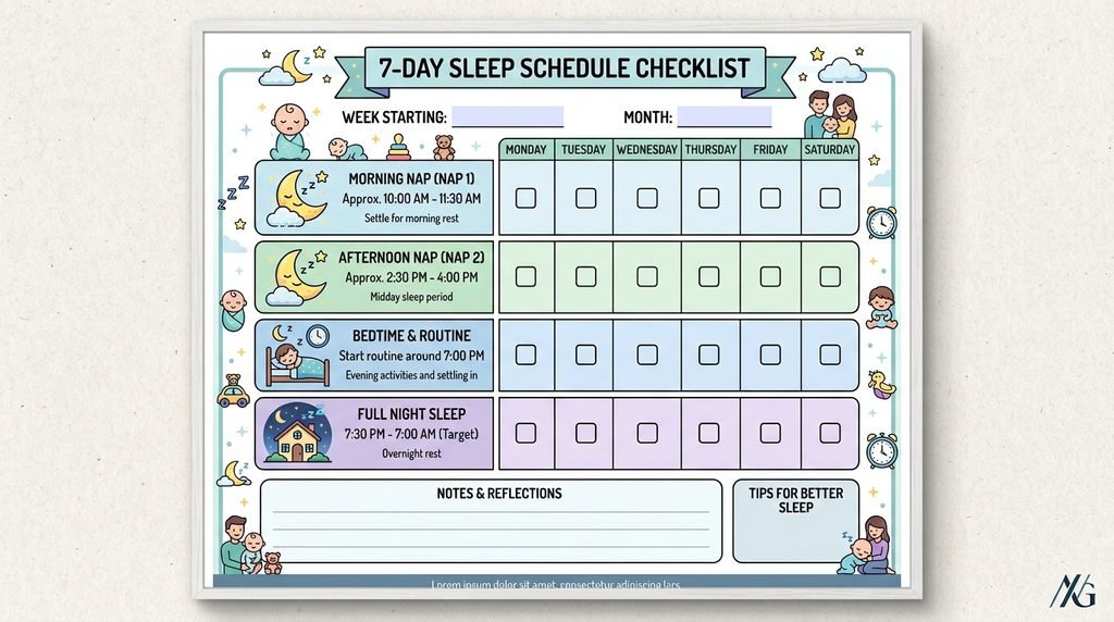 Seven-day checklist for moving a baby from a bassinet into a crib, one sleep period at a time.