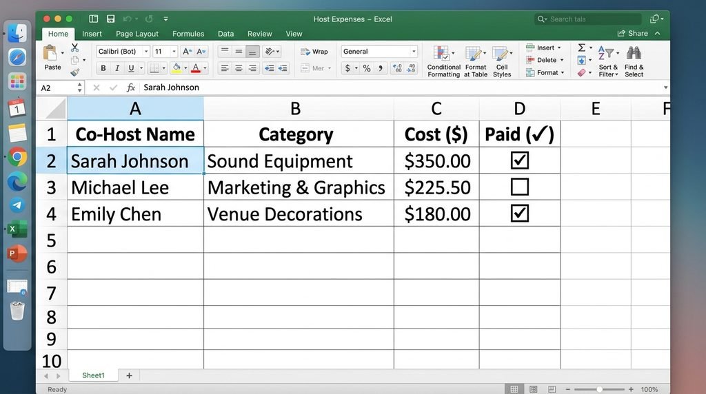 Spreadsheet example showing how to split who pays for a baby shower among three co-hosts.