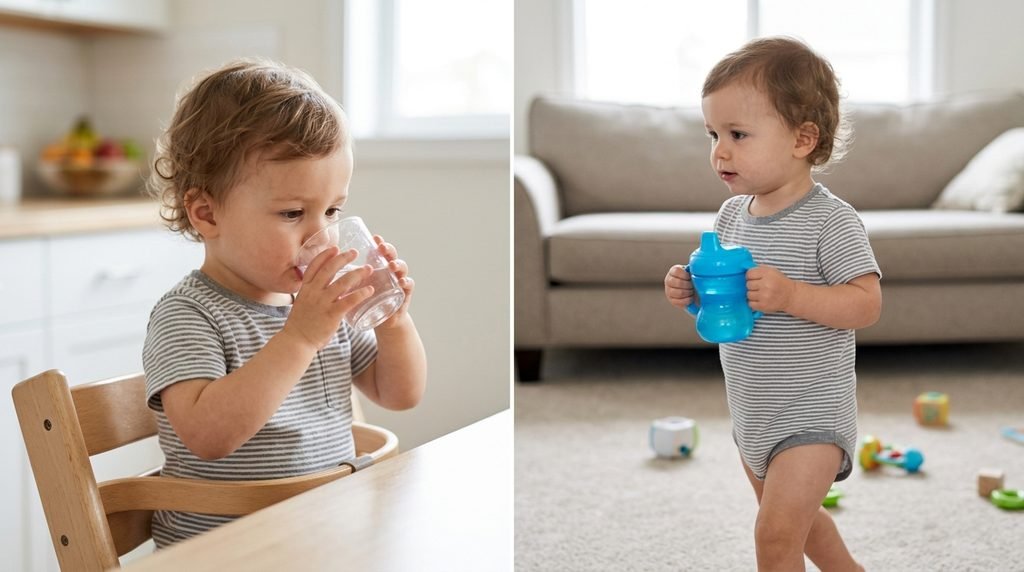 Toddler drinking from an open cup, a safer habit than a constant sippy cup for baby teeth cavities.
